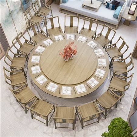 酒店电动圆桌 自动转盘白蜡木家具 新中式禅意餐桌 青岛万千家具
