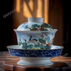 景德镇陶瓷盖碗 仿古中式粉彩松鹤延年 天地三才盖碗寿辰纪念礼品