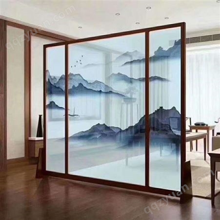 入户玄关夹丝画玻璃 现代中式艺术画玻璃定制 线条几何画来图打样